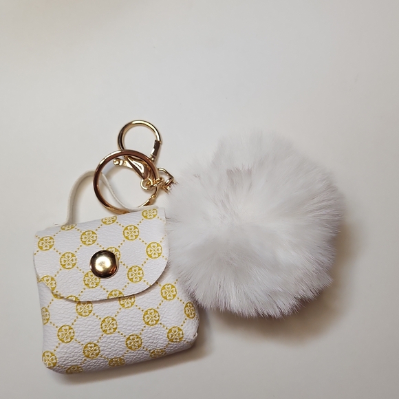 Accessories - White and Gold Patterned Keychain Pouch with Pom Pom